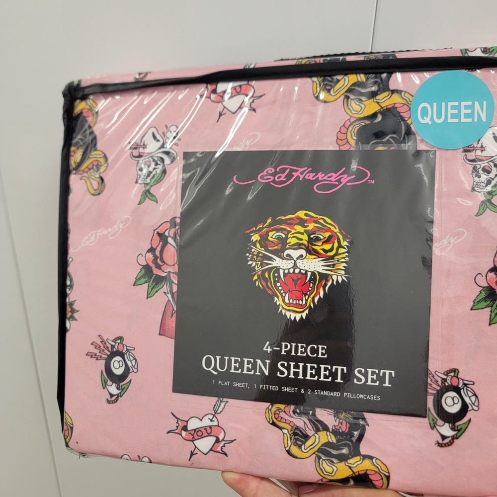 Ed Hardy Sheet Set Queen 4Pc Bedding Sheets Set Pink Tattoo Panther Snake Roses